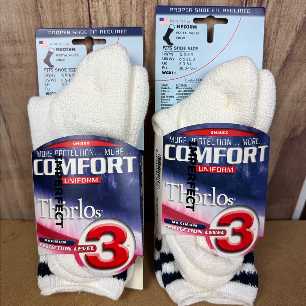 Thorlos Vintage White Uniform Socks with Navy Accent Stripes Medium- 2 Pair